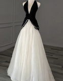 Ndyad A-Line Tulle Velvet Long Evening Dress Black/White V-neck Wedding Guest Dress HZ1024