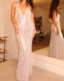 Ndyad Sheath V-neck Formal Evening Dress Sparkly Beaded Tassel Backless Prom Dress HZ1024