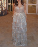 Ndyad A-line V-neck Formal Evening Dress Sparkly Tulle Sequin Birthday Dress HZ1024
