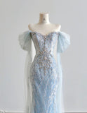 Ndyad Blue Mermaid Wedding Dress Tulle Off-the-Shoulder Beaded Sequin Evening Dress HZ1024
