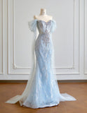 Ndyad Blue Mermaid Wedding Dress Tulle Off-the-Shoulder Beaded Sequin Evening Dress HZ1024