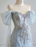 Ndyad Blue Mermaid Wedding Dress Tulle Off-the-Shoulder Beaded Sequin Evening Dress HZ1024