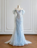 Ndyad Blue Mermaid Wedding Dress Tulle Off-the-Shoulder Beaded Sequin Evening Dress HZ1024