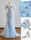 Ndyad Blue Mermaid Wedding Dress Tulle Off-the-Shoulder Beaded Sequin Evening Dress HZ1024