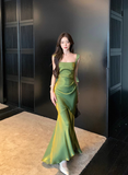 Ndyad Mermaid Satin Square Neck Green Formal Party Dress Sweet Birthday Dress HZ1024