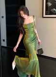 Ndyad Mermaid Satin Square Neck Green Formal Party Dress Sweet Birthday Dress HZ1024