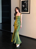 Ndyad Mermaid Satin Square Neck Green Formal Party Dress Sweet Birthday Dress HZ1024