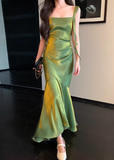 Ndyad Mermaid Satin Square Neck Green Formal Party Dress Sweet Birthday Dress HZ1024