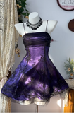 Ndyad A-Line Spaghetti Strap Tulle Short Prom Dress Purple Satin Homecoming Dresses HZ1024