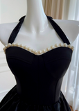 Ndyad Hepburn Style A-Line Halter Velvet Short Prom Dress, Black Homecoming Dresses HZ1024