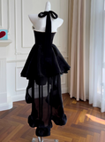 Ndyad Hepburn Style A-Line Halter Velvet Short Prom Dress, Black Homecoming Dresses HZ1024