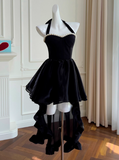 Ndyad Hepburn Style A-Line Halter Velvet Short Prom Dress, Black Homecoming Dresses HZ1024