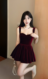 Ndyad Hepburn A-Line Spaghetti Strap Velvet Short Prom Dress, Burgundy Homecoming Dresses HZ1024