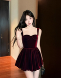 Ndyad Hepburn A-Line Spaghetti Strap Velvet Short Prom Dress, Burgundy Homecoming Dresses HZ1024