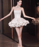 Ndyad Ball Gown Strapless Satin Short Prom Dress, White Homecoming Dresses HZ1024