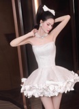 Ndyad Ball Gown Strapless Satin Short Prom Dress, White Homecoming Dresses HZ1024