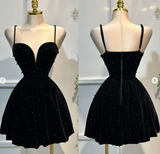 Ndyad Sweetheart A-Line Velvet Beaded Homecoming Dresses, Black Short Prom Dress HZ1024