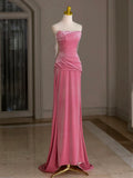 Evafashion Velvet Beads Pink Long Prom Dress, Pink Long Formal Dress HZ1024