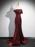 Evafashion Off Shoulder Burgundy Long Prom Dress, Burgundy Long Formal Dress HZ1024