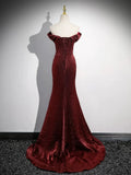 Evafashion Off Shoulder Burgundy Long Prom Dress, Burgundy Long Formal Dress HZ1024