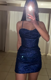 Ndyad Spaghetti Strap Sheath Tulle Homecoming Dresses, Navy Blue Short Prom Dress HZ1024