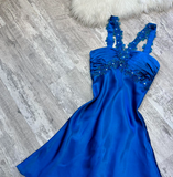 Ndyad A-Line Short Prom Dresses Halter Neck Satin Homecoming Dresses Royal Blue Birthday Dresses HZ1024