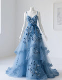 Ndyad Spaghetti Strap A-Line Tulle Applique Long Prom Dresses Blue Formal Dresses HZ1024