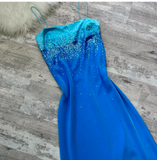 Ndyad Spaghetti Strap Sheath Chiffon Sequin Long Prom Dresses Blue Wedding Guest Dresses HZ1024