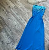 Ndyad Spaghetti Strap Sheath Chiffon Sequin Long Prom Dresses Blue Wedding Guest Dresses HZ1024
