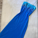 Ndyad Spaghetti Strap Sheath Chiffon Sequin Long Prom Dresses Blue Wedding Guest Dresses HZ1024