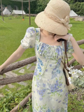 Evafashion floral pastoral style puff sleeve square neck dress HZ1024