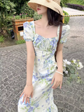 Evafashion floral pastoral style puff sleeve square neck dress HZ1024