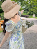 Evafashion floral pastoral style puff sleeve square neck dress HZ1024
