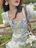 Evafashion floral pastoral style puff sleeve square neck dress HZ1024