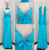 Ndyad Spaghetti Straps Sheath Beaded Chiffon Long Prom Dresses, Blue Formal Evening Dresses HZ1024