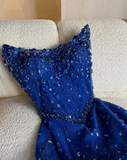 Ndyad Strapless Sheath Tulle Beaded Long Prom Dresses, Royal Blue Formal Evening Dresses HZ1024
