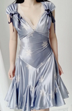 Ndyad V neck Sheath Satin Short Prom Dresses, Gray Blue Homecoming Dresses HZ1024
