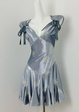 Ndyad V neck Sheath Satin Short Prom Dresses, Gray Blue Homecoming Dresses HZ1024