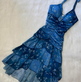 Ndyad V-neck A-Line Chiffon Homecoming Dresses, Short Blue Fairy Prom Dresses HZ1024
