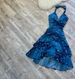 Ndyad V-neck A-Line Chiffon Homecoming Dresses, Short Blue Fairy Prom Dresses HZ1024