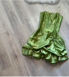Ndyad Spaghetti Strap Ball Gown Satin Homecoming Dresses, Green Fairy Short Prom Dresses HZ1024