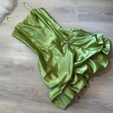 Ndyad Spaghetti Strap Ball Gown Satin Homecoming Dresses, Green Fairy Short Prom Dresses HZ1024