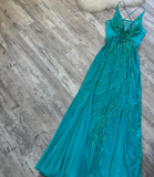 Ndyad Turquoise Empire Dress Sparkly Chiffon Sequins V-Neck Long Prom Dresses HZ1024