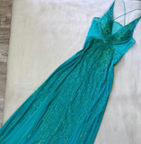Ndyad Turquoise Empire Dress Sparkly Chiffon Sequins V-Neck Long Prom Dresses HZ1024