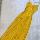 Ndyad Gorgeous Sheath Chiffon Beaded Long Prom Dresses, V-neck Yellow Backless Formal Evening Dress HZ1024