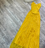 Ndyad Gorgeous Sheath Chiffon Beaded Long Prom Dresses, V-neck Yellow Backless Formal Evening Dress HZ1024