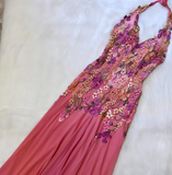 Ndyad Hot Pink Sheath Chiffon Long Prom Dresses, Halter Neck Backless Evening Dress HZ1024