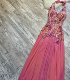 Ndyad Hot Pink Sheath Chiffon Long Prom Dresses, Halter Neck Backless Evening Dress HZ1024
