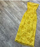 Ndyad Yellow Sheath Chiffon Beaded Long Prom Dresses, Strapless Y2K Evening Dresses HZ1024