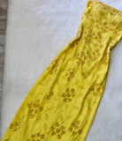 Ndyad Yellow Sheath Chiffon Beaded Long Prom Dresses, Strapless Y2K Evening Dresses HZ1024